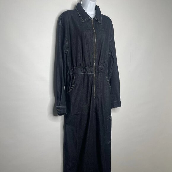 Oyrosy Retro Wide Leg Denim Jumpsuit Size M Dark Wash Black Zip Front Utility - Picture 4 of 9